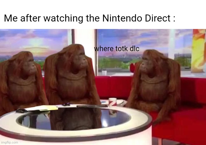 Totk dlc | Me after watching the Nintendo Direct :; where totk dlc | image tagged in where monkey | made w/ Imgflip meme maker