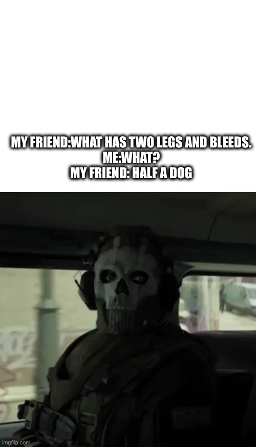 Best joke ever | MY FRIEND:WHAT HAS TWO LEGS AND BLEEDS.
ME:WHAT?
 MY FRIEND: HALF A DOG | image tagged in funny memes | made w/ Imgflip meme maker