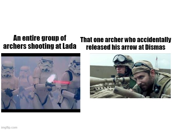 That one archer who accidentally released his arrow at Dismas; An entire group of archers shooting at Lada | made w/ Imgflip meme maker