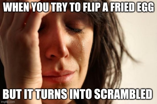First World Problems Meme | WHEN YOU TRY TO FLIP A FRIED EGG; BUT IT TURNS INTO SCRAMBLED | image tagged in memes,first world problems | made w/ Imgflip meme maker