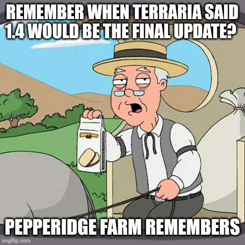 I mean seriously, were already halfway to 1.5! | REMEMBER WHEN TERRARIA SAID 1.4 WOULD BE THE FINAL UPDATE? PEPPERIDGE FARM REMEMBERS | image tagged in memes,pepperidge farm remembers | made w/ Imgflip meme maker