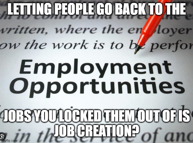 job creation | LETTING PEOPLE GO BACK TO THE; JOBS YOU LOCKED THEM OUT OF IS
JOB CREATION? | image tagged in jobs,they took our jobs,spin,lies,unemployment,biden | made w/ Imgflip meme maker