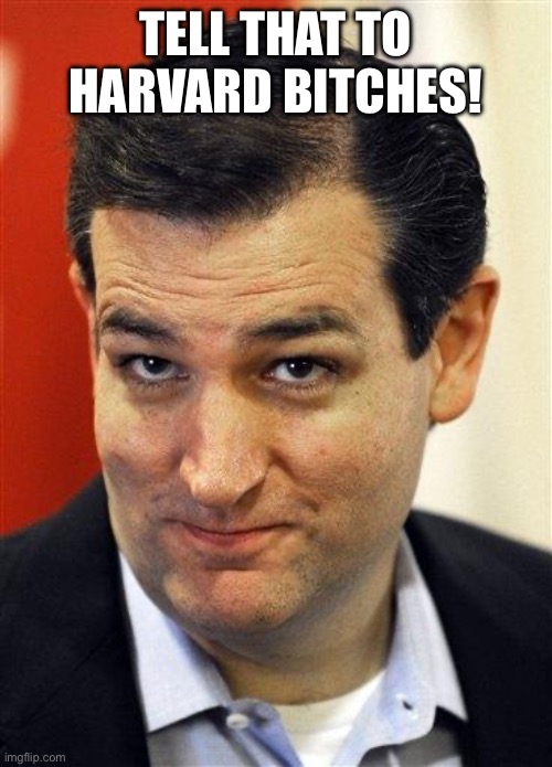 Bashful Ted Cruz | TELL THAT TO HARVARD BITCHES! | image tagged in bashful ted cruz | made w/ Imgflip meme maker