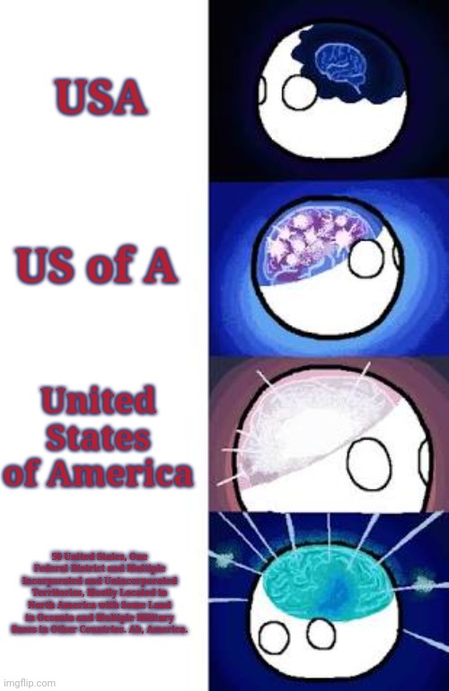America's many names | USA; US of A; United States of America; 50 United States, One Federal District and Multiple Incorporated and Unincorporated Territories, Mostly Located in North America with Some Land in Oceania and Multiple Military Bases in Other Countries. Ah, America. | image tagged in polandball expanding brain | made w/ Imgflip meme maker