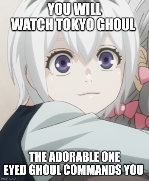 Tokyo Ghoul comedy meme | YOU WILL WATCH TOKYO GHOUL; THE ADORABLE ONE EYED GHOUL COMMANDS YOU | image tagged in little kaneki,tokyo ghoul,anime meme,anime girl | made w/ Imgflip meme maker