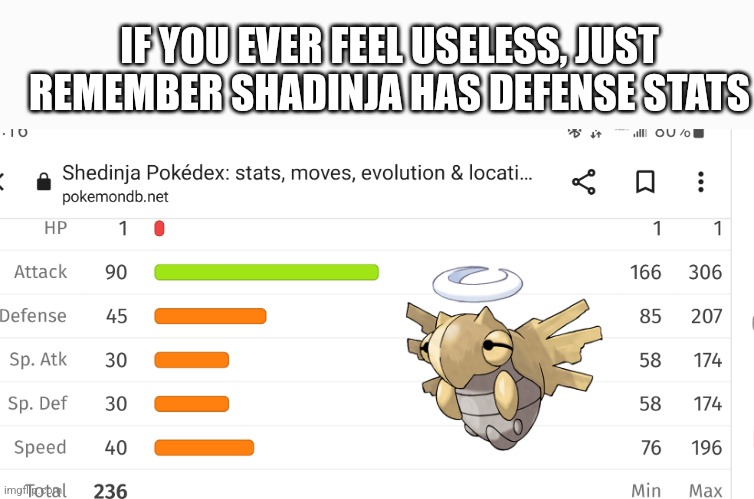 Why did the do this | IF YOU EVER FEEL USELESS, JUST REMEMBER SHADINJA HAS DEFENSE STATS | image tagged in feelings,who is that pokemon,sad | made w/ Imgflip meme maker