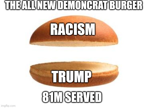 The nothing burger | THE ALL NEW DEMONCRAT BURGER; RACISM; TRUMP; 81M SERVED | image tagged in nothing burger | made w/ Imgflip meme maker