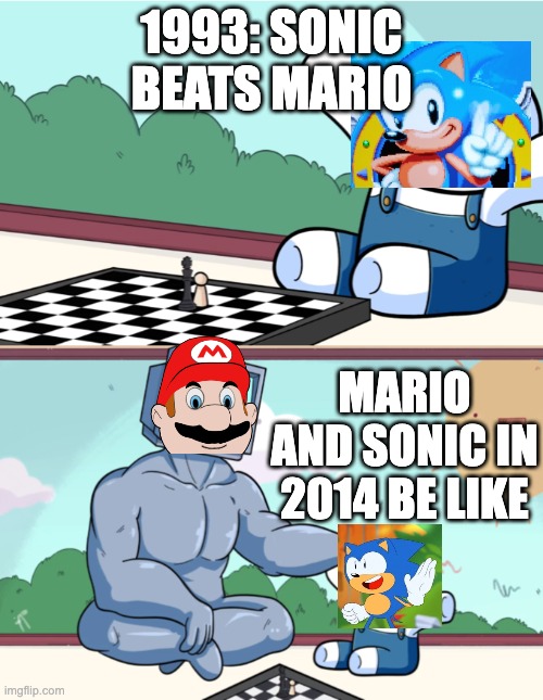 Console Wars Be Like | 1993: SONIC BEATS MARIO; MARIO AND SONIC IN 2014 BE LIKE | image tagged in baby beats computer at chess 2-panel | made w/ Imgflip meme maker