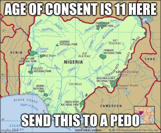 Nigeria | AGE OF CONSENT IS 11 HERE; SEND THIS TO A PEDO | image tagged in nigeria | made w/ Imgflip meme maker