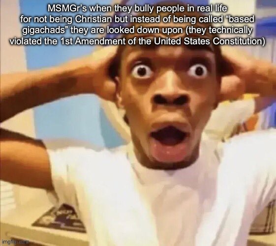 in shock | MSMGr’s when they bully people in real life for not being Christian but instead of being called “based gigachads” they are looked down upon (they technically violated the 1st Amendment of the United States Constitution) | image tagged in in shock | made w/ Imgflip meme maker