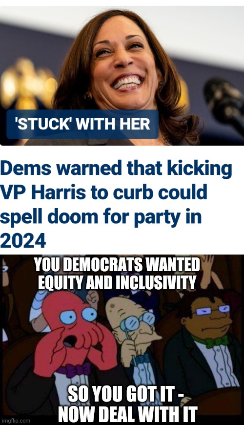 Equitable Votes, Correct? | YOU DEMOCRATS WANTED EQUITY AND INCLUSIVITY; SO YOU GOT IT - 
NOW DEAL WITH IT | image tagged in memes,harris,liberals,democrats,2024,leftists | made w/ Imgflip meme maker