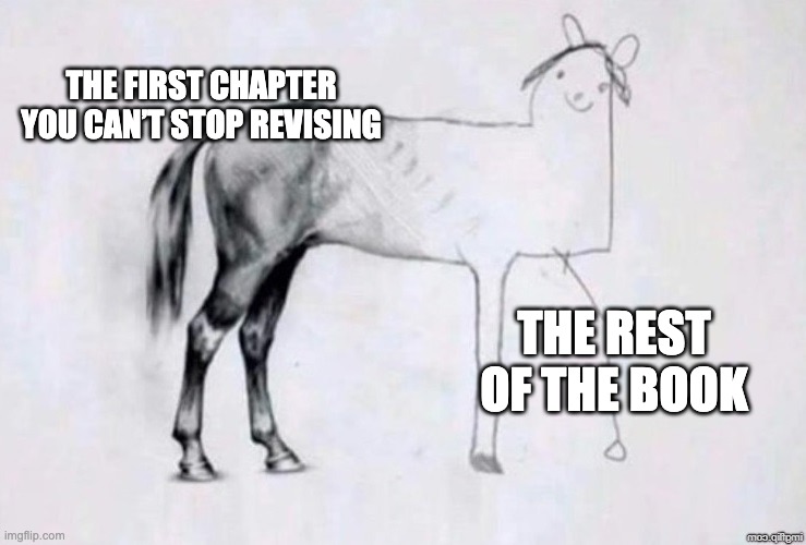 Revising first chapter | THE FIRST CHAPTER YOU CAN’T STOP REVISING; THE REST OF THE BOOK | image tagged in horse drawing | made w/ Imgflip meme maker
