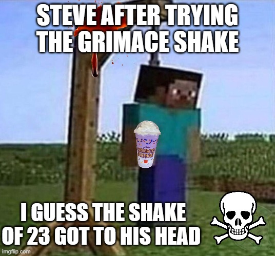 Happy birthday Grimace! | STEVE AFTER TRYING THE GRIMACE SHAKE; I GUESS THE SHAKE OF 23 GOT TO HIS HEAD | image tagged in hang myself,grimace,purple drink,dead steve,blood,shake of 23 | made w/ Imgflip meme maker