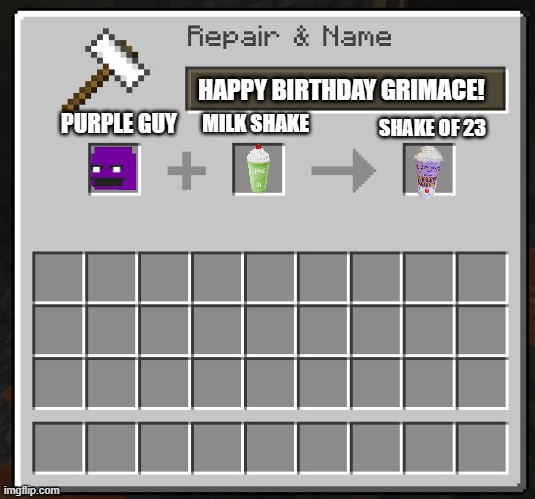 Behold the Shake of 23 | HAPPY BIRTHDAY GRIMACE! PURPLE GUY; MILK SHAKE; SHAKE OF 23 | image tagged in crafting grimace shake,purple guy,purple drink,grimace | made w/ Imgflip meme maker