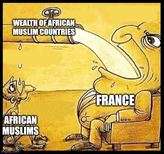 Not a conspiracy theory, just a long time fact that is still happening today | WEALTH OF AFRICAN MUSLIM COUNTRIES; FRANCE; AFRICAN MUSLIMS | image tagged in fat guy drinking water,france,french,frenchie,scumbag french,africa | made w/ Imgflip meme maker