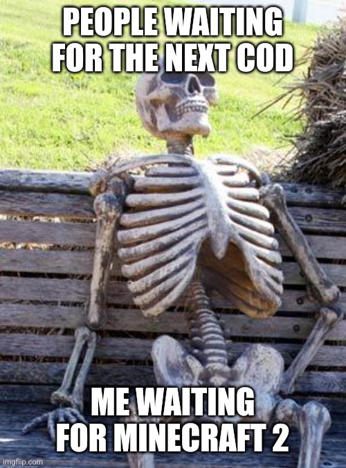 Waiting Skeleton | PEOPLE WAITING FOR THE NEXT COD; ME WAITING FOR MINECRAFT 2 | image tagged in memes,waiting skeleton | made w/ Imgflip meme maker