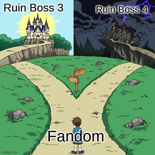 Boss 3 vs Boss 4 | Ruin Boss 3; Ruin Boss 4; Fandom | image tagged in two castles | made w/ Imgflip meme maker