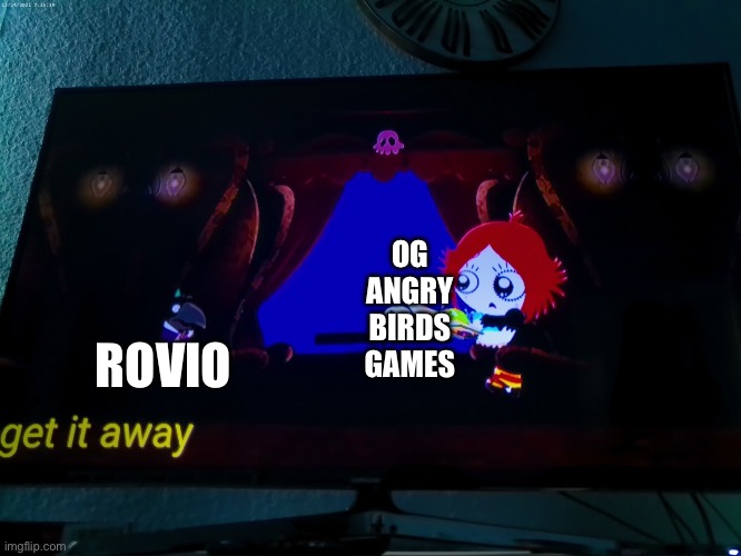 Since Sega is buying Rovio now, I thought I’d make this. (Also, RIP Seasons, Space, Rio and GO!) | OG ANGRY BIRDS GAMES; ROVIO | image tagged in scared crow | made w/ Imgflip meme maker