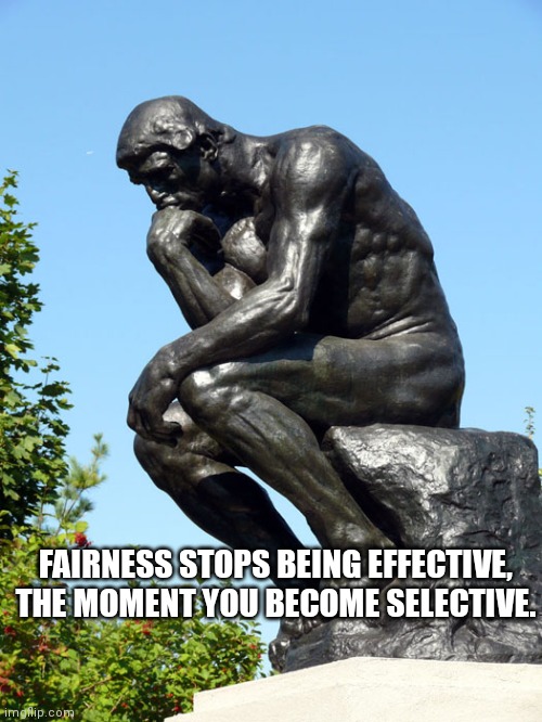 The Thinker | FAIRNESS STOPS BEING EFFECTIVE, THE MOMENT YOU BECOME SELECTIVE. | image tagged in the thinker | made w/ Imgflip meme maker