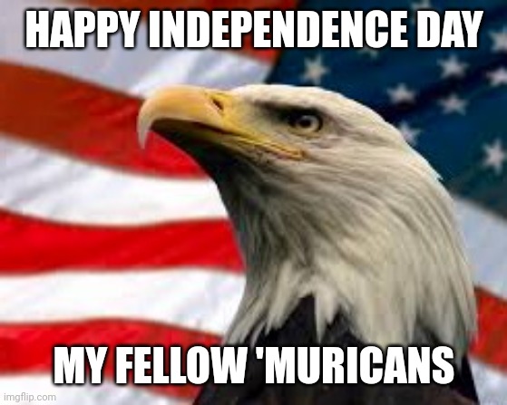 Happy 4th! | HAPPY INDEPENDENCE DAY; MY FELLOW 'MURICANS | image tagged in murica patriotic eagle,independence day,4th of july,'murica,america | made w/ Imgflip meme maker