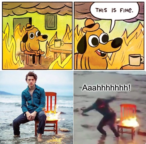 Tom Holland vs dog | Aaahhhhhhh! | image tagged in memes,this is fine,tom holland chair fire vs | made w/ Imgflip meme maker