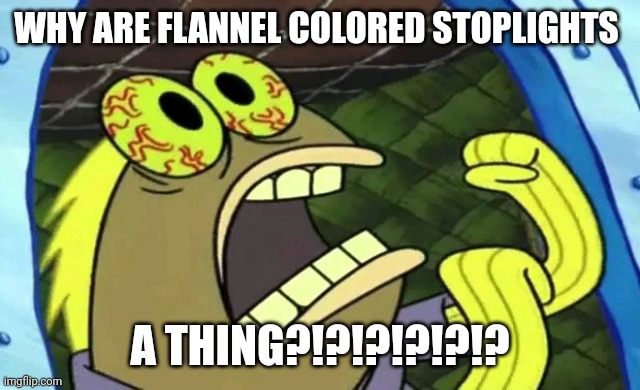 Flannel stoplights | WHY ARE FLANNEL COLORED STOPLIGHTS; A THING?!?!?!?!?!? | image tagged in spongebob chocolate | made w/ Imgflip meme maker