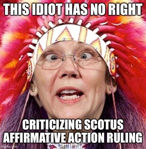 Rules for thee, but not for me hypocrite. | THIS IDIOT HAS NO RIGHT; CRITICIZING SCOTUS AFFIRMATIVE ACTION RULING | image tagged in elizabeth warren,affirmative action,scotus ruling,hypocrite | made w/ Imgflip meme maker