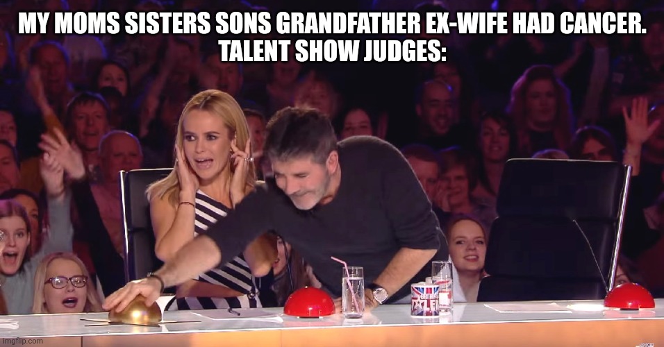Golden Buzzer | MY MOMS SISTERS SONS GRANDFATHER EX-WIFE HAD CANCER.
TALENT SHOW JUDGES: | image tagged in golden buzzer | made w/ Imgflip meme maker