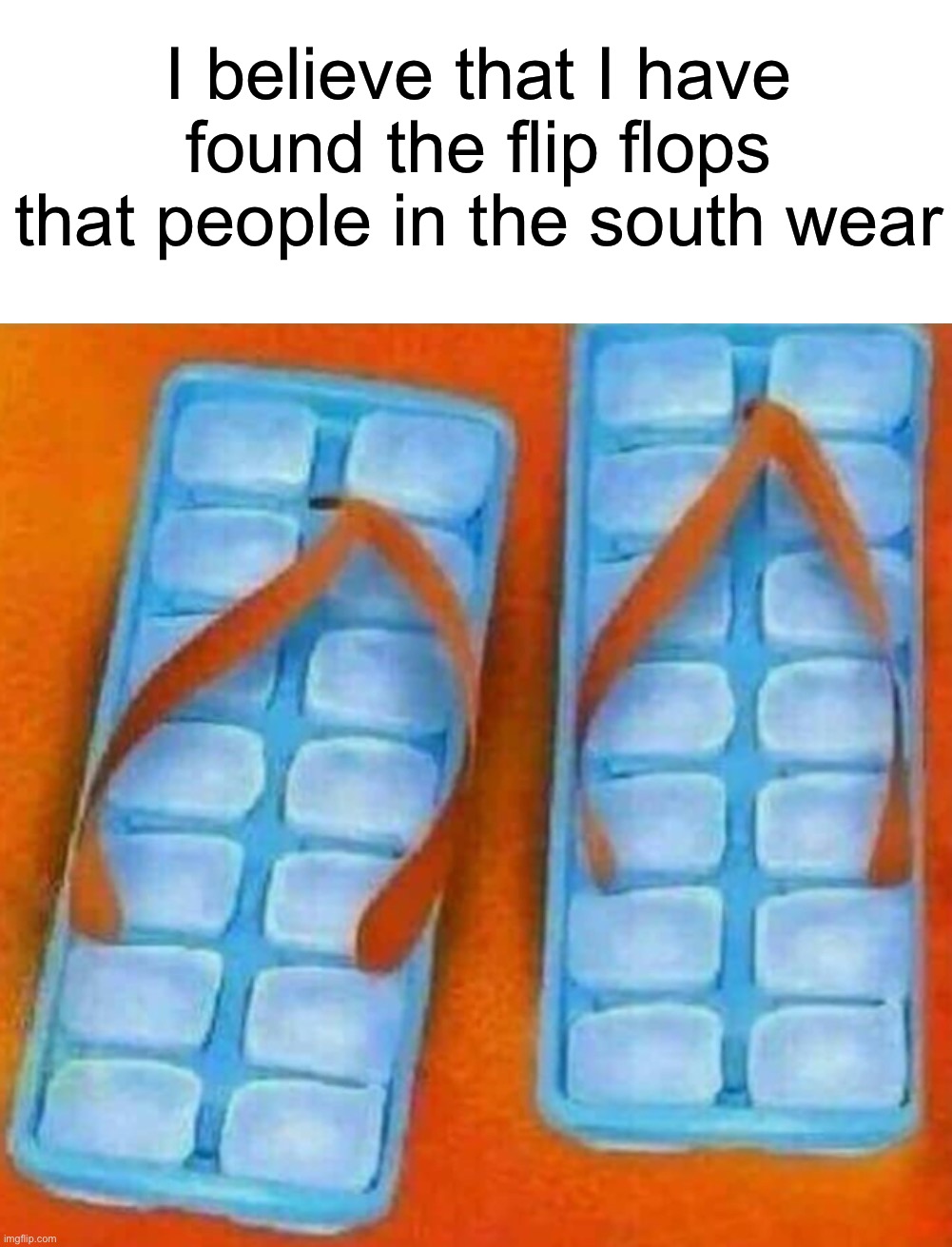 Ice cube flip flops | I believe that I have found the flip flops that people in the south wear | image tagged in memes,funny,funny memes,summer,hot,ice | made w/ Imgflip meme maker