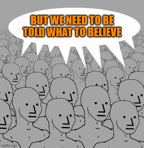npc-crowd | BUT WE NEED TO BE TOLD WHAT TO BELIEVE | image tagged in npc-crowd | made w/ Imgflip meme maker