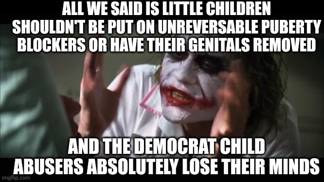 Cut up your own body, psycho | ALL WE SAID IS LITTLE CHILDREN SHOULDN'T BE PUT ON UNREVERSABLE PUBERTY BLOCKERS OR HAVE THEIR GENITALS REMOVED; AND THE DEMOCRAT CHILD ABUSERS ABSOLUTELY LOSE THEIR MINDS | image tagged in memes,and everybody loses their minds | made w/ Imgflip meme maker