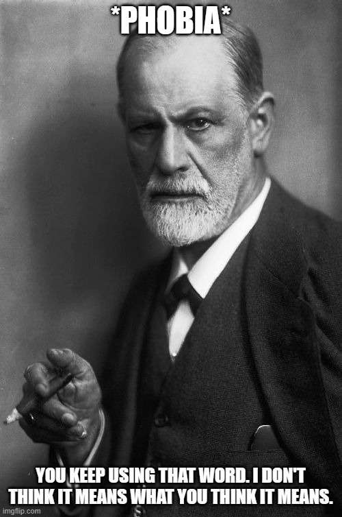 Sigmund Freud Meme | *PHOBIA* YOU KEEP USING THAT WORD. I DON'T THINK IT MEANS WHAT YOU THINK IT MEANS. | image tagged in memes,sigmund freud | made w/ Imgflip meme maker