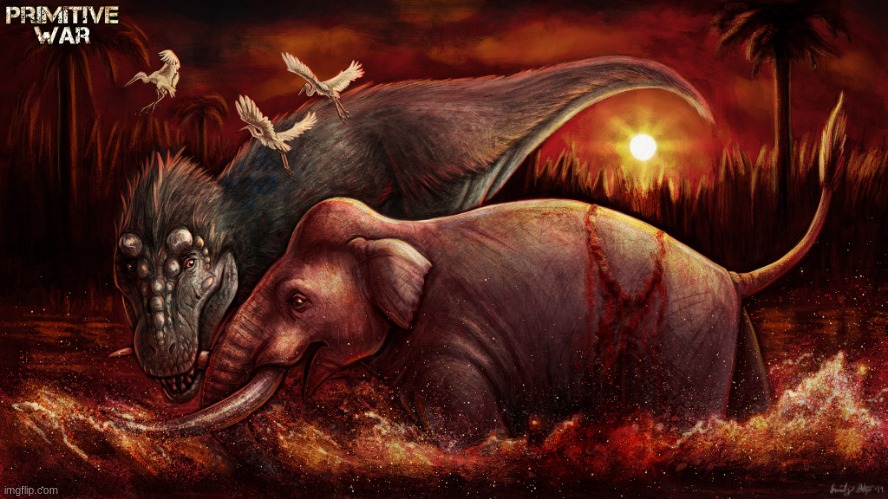 Primitive War: Father T Rex hunting an Asian Elephant (Art by EmilyStepp) | made w/ Imgflip meme maker