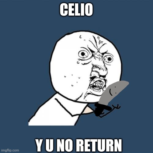 i have returned... | CELIO; Y U NO RETURN | image tagged in memes,y u no | made w/ Imgflip meme maker
