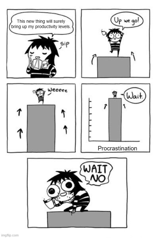 ADHD in a nutshell: | This new thing will surely bring up my productivity levels. Me; Procrastination | image tagged in sarah andersen bar chart,adhd,procrastination | made w/ Imgflip meme maker