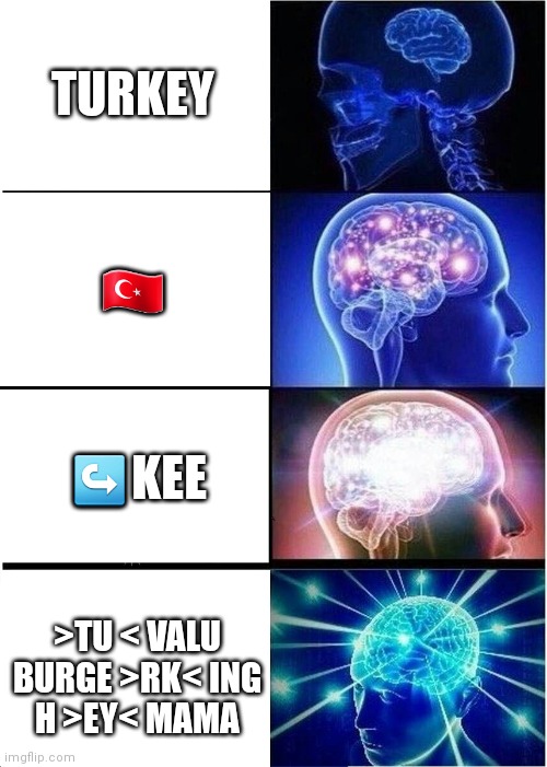 Turkey | TURKEY; 🇹🇷; ↪KEE; >TU < VALU
BURGE >RK< ING
H >EY< MAMA | image tagged in memes,expanding brain | made w/ Imgflip meme maker