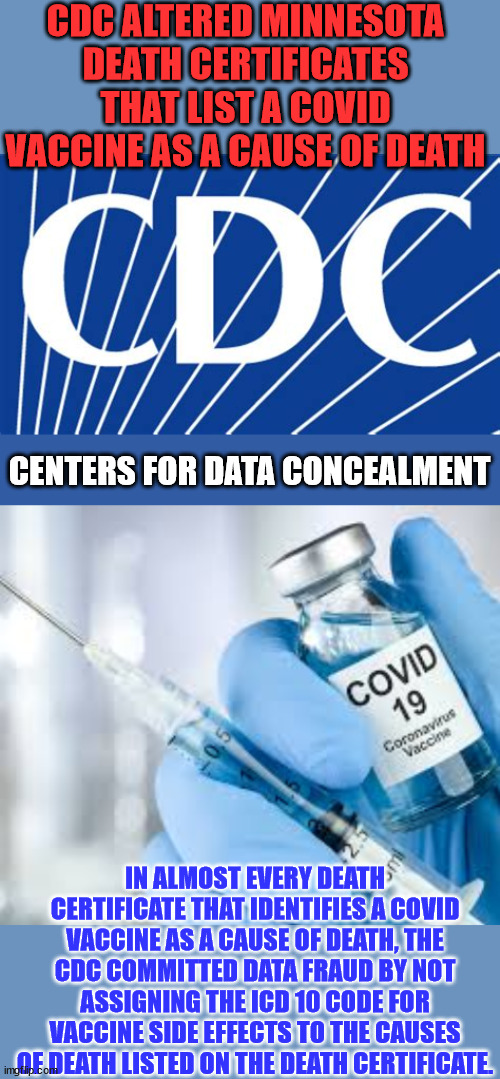 I'm sure they can blame it on a computer error no doubt... | CDC ALTERED MINNESOTA DEATH CERTIFICATES THAT LIST A COVID VACCINE AS A CAUSE OF DEATH; CENTERS FOR DATA CONCEALMENT; IN ALMOST EVERY DEATH CERTIFICATE THAT IDENTIFIES A COVID VACCINE AS A CAUSE OF DEATH, THE CDC COMMITTED DATA FRAUD BY NOT ASSIGNING THE ICD 10 CODE FOR VACCINE SIDE EFFECTS TO THE CAUSES OF DEATH LISTED ON THE DEATH CERTIFICATE. | image tagged in covid vaccine,cdc,liars | made w/ Imgflip meme maker