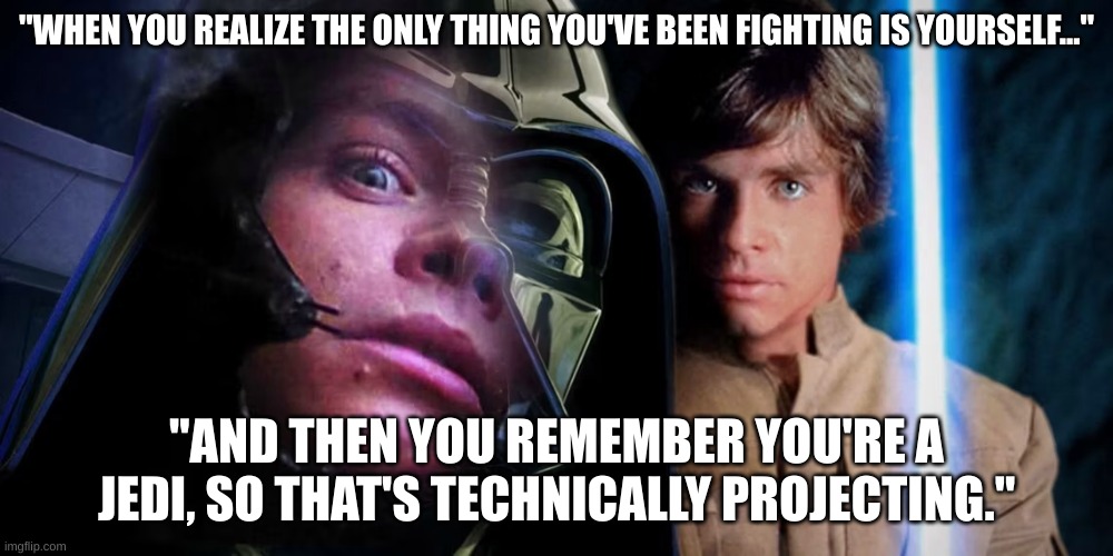 Luke v Luke | "WHEN YOU REALIZE THE ONLY THING YOU'VE BEEN FIGHTING IS YOURSELF..."; "AND THEN YOU REMEMBER YOU'RE A JEDI, SO THAT'S TECHNICALLY PROJECTING." | image tagged in luke v luke | made w/ Imgflip meme maker