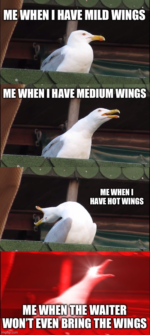 Inhaling Seagull | ME WHEN I HAVE MILD WINGS; ME WHEN I HAVE MEDIUM WINGS; ME WHEN I HAVE HOT WINGS; ME WHEN THE WAITER WON’T EVEN BRING THE WINGS | image tagged in memes,inhaling seagull | made w/ Imgflip meme maker
