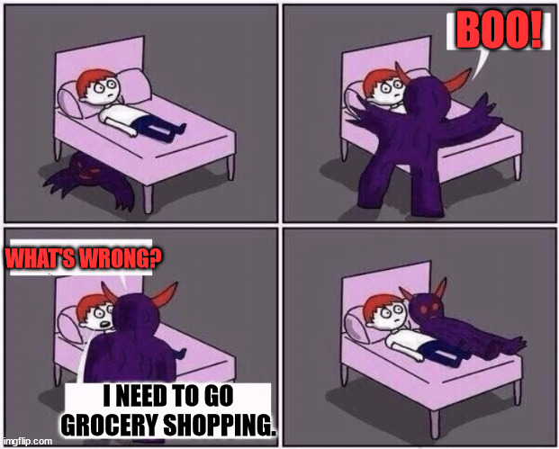 now THAT'S scary | BOO! WHAT'S WRONG? I NEED TO GO GROCERY SHOPPING. | image tagged in guy doesn't fear the monster | made w/ Imgflip meme maker