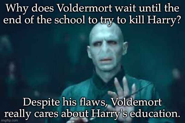 Murder is important, but education is more importanter | Why does Voldermort wait until the end of the school to try to kill Harry? Despite his flaws, Voldemort really cares about Harry's education. | image tagged in voldermort,school,education,harry potter,kill | made w/ Imgflip meme maker