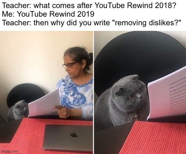 18 million | Teacher: what comes after YouTube Rewind 2018?
Me: YouTube Rewind 2019
Teacher: then why did you write "removing dislikes?" | image tagged in woman showing paper to cat,youtube rewind 2018 | made w/ Imgflip meme maker