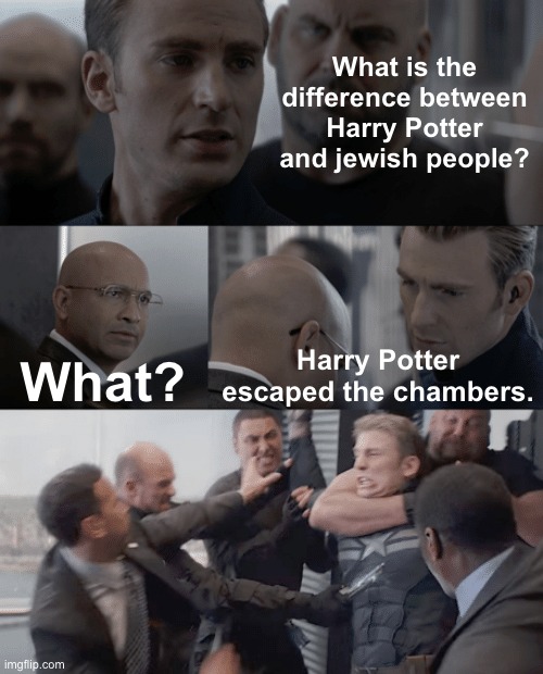 Harry Potter and the Order Of Adolf Hitler | What is the difference between Harry Potter and jewish people? What? Harry Potter escaped the chambers. | image tagged in captain america elevator,memes,funny,dark humor,harry potter,jews | made w/ Imgflip meme maker