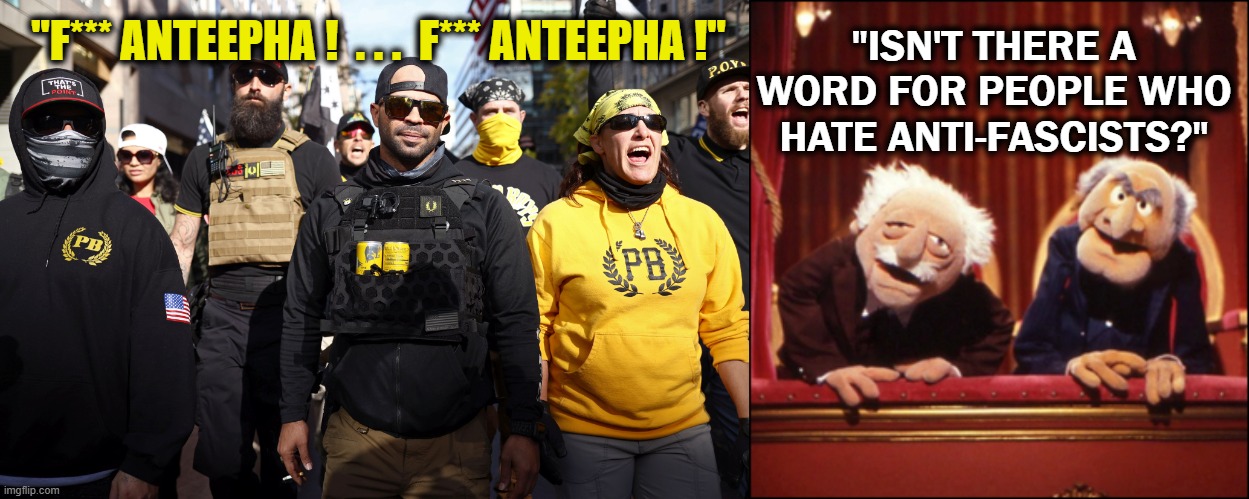 "F*** ANTEEPHA !  . . .  F*** ANTEEPHA !"; "ISN'T THERE A WORD FOR PEOPLE WHO HATE ANTI-FASCISTS?" | image tagged in antifa,fascists,maga | made w/ Imgflip meme maker