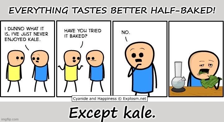 Try It Half-Baked! | EVERYTHING TASTES BETTER HALF-BAKED! Except kale. | image tagged in kale,satire,half baked | made w/ Imgflip meme maker