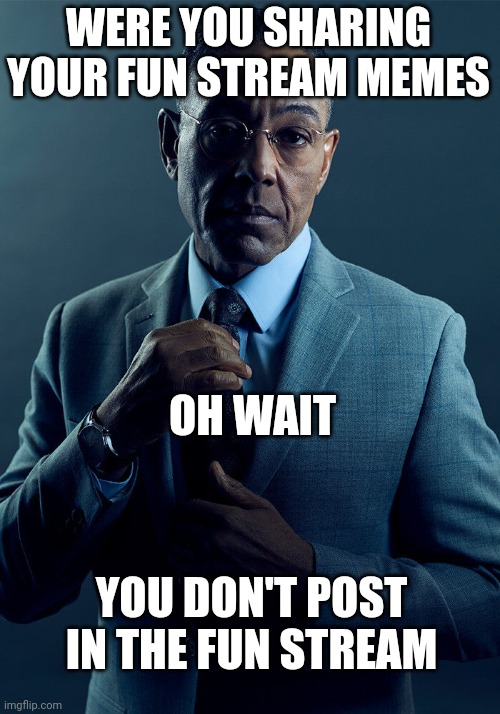 Gus Fring we are not the same | WERE YOU SHARING YOUR FUN STREAM MEMES OH WAIT YOU DON'T POST IN THE FUN STREAM | image tagged in gus fring we are not the same | made w/ Imgflip meme maker