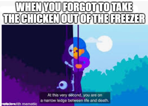 kurzgesagt meme | WHEN YOU FORGOT TO TAKE THE CHICKEN OUT OF THE FREEZER | image tagged in life death kurzgesagt | made w/ Imgflip meme maker