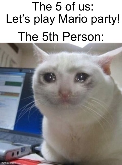 Mom, why can’t I play? Why are there only 4 to pick? | The 5 of us: Let’s play Mario party! The 5th Person: | image tagged in crying cat,memes,funny,fax,mario party | made w/ Imgflip meme maker