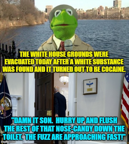 Yes . . . this really happened. | THE WHITE HOUSE GROUNDS WERE EVACUATED TODAY AFTER A WHITE SUBSTANCE WAS FOUND AND IT TURNED OUT TO BE COCAINE. "DAMN IT SON.  HURRY UP AND FLUSH THE REST OF THAT NOSE-CANDY DOWN THE TOILET.  THE FUZZ ARE APPROACHING FAST!" | image tagged in truth | made w/ Imgflip meme maker