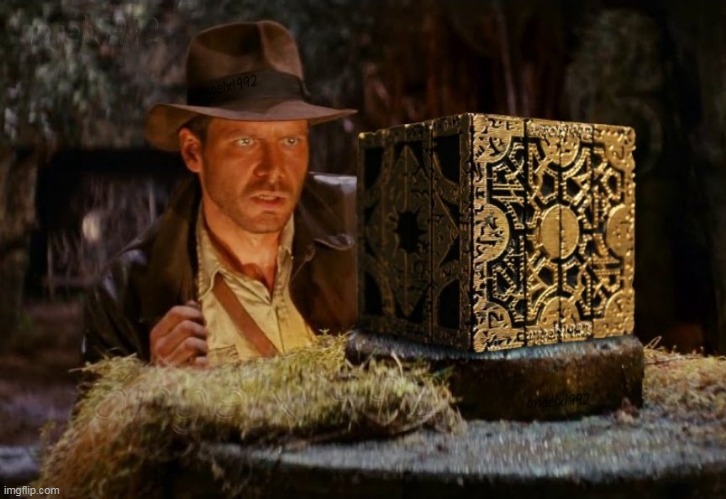 image tagged in indiana jones,horror movies,hellraiser,cube,puzzle,harrison ford | made w/ Imgflip meme maker